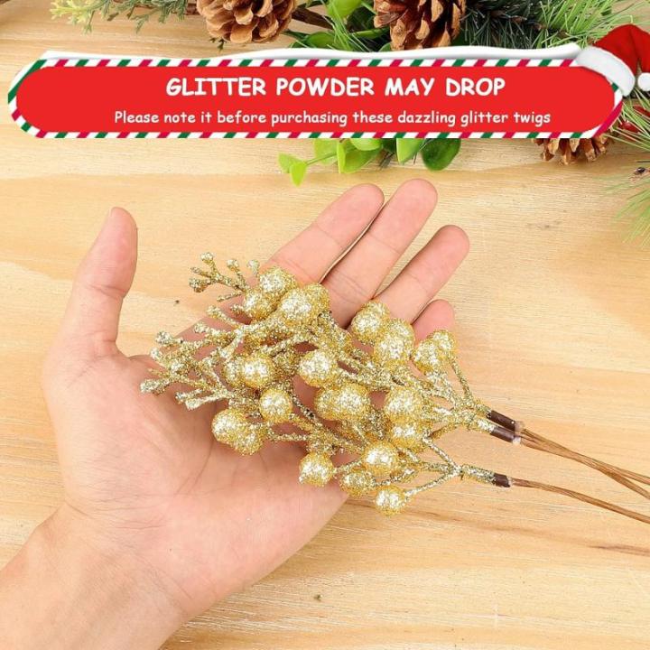 Kunstbessen kerstdecoratie, 24 stuks glitter kunstmatige hulstbessenstammen voor Kerstmis, boeketten, kransdecoraties, woondecoratie, kerstboomdecoratie, goud