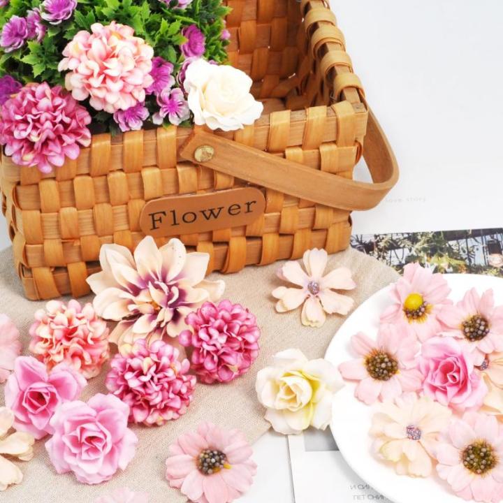 34 stuks om te knutselen, roze kleine bloemkoppen, 4 ~ 7 cm, mini , bloemhoofdjes, decoratie, zijden bloemen, , bloemendecoratie, rozen, hortensia's voor