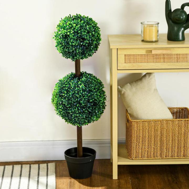 , set van 2 buxusboom, 90 cm kunstplant met dubbele bal, uv-bestendige kamerplant, kunstboom, plantendecoratie voor binnen en buiten, groen