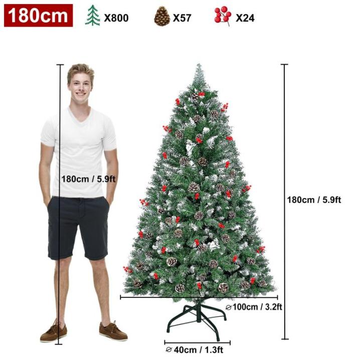 Kunstkerstboom, 180 cm met 800 pvc-punten, 37 dennenappels en 24 rode vruchten, Ø 110 cm, kunstkerstboom van moeilijk ontvlambaar, met sneeuweffect en metalen standaard
