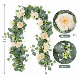 Künstliche Eukalyptus-Blumengirlande mit Champagnerrose, Seidenblumen, Grün, Girlande, Kunstschleierkraut, Efeu, für Hochzeit, Zuhause, Weihnachten, Party, Tischläufer, Dekorat