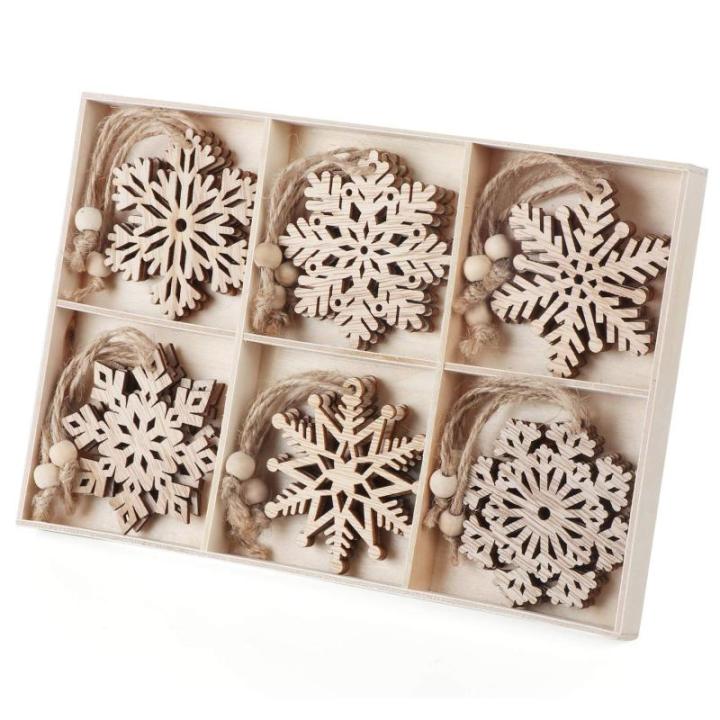 Homewit Houten hanger sneeuwvlokken boomversiering, 18 stuks kerst houten kerst hangende ornamenten kerstboomversiering met jute touw voor kerstboom - 7 cm