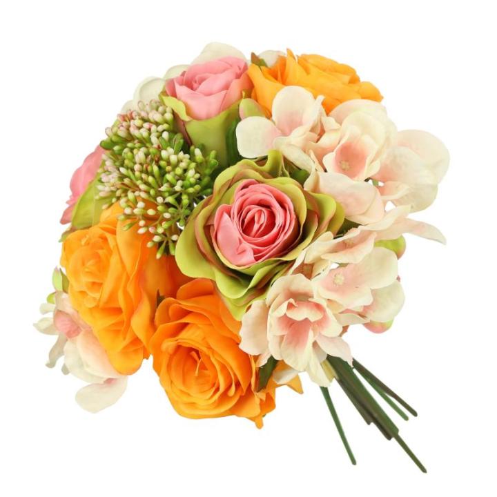 Kunstrozenboeket met hortensia, boeket, kunstbloemenboeket, zijden bloemen, boeket, hortensia-boeket, rozen, kunstbloemen, bruiloft, wit/roze/oranje