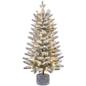 94 cm mini-kunstkerstboom met sneeuw, ingepot dennenboom met 50 leds in warm wit en 355 takpunten, met sneeuw bedekte kleine kerstboom