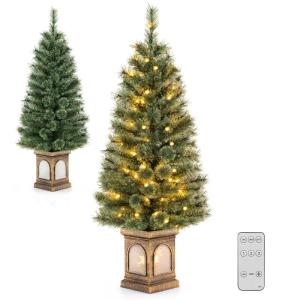Kunstkerstboom van 120 cm met 3 transformatiemodi en 100 ledlampen, kleine dennenboom met cementbasis, kerstdecoratie voor kantoor, winkel, thuis