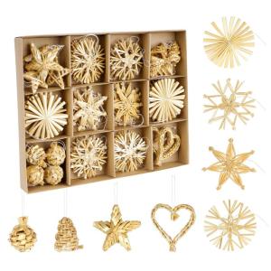 Strohsterne Christbaumschmuck 46-teiliges,Weihnachtsbaumschmuck Stroh mit Natürlichen Akzenten,Handgemacht Weihnachtsbaum Deko aus Stroh mit Schöner Box,Dekoration für Weihnacht