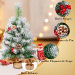 Kunstkerstboom, 60 cm, klein, met sneeuwvlokkendecoratie, dennenappels, rode bessen, dennenbladeren, 80 punten, linnen katoen en cementbasis voor feestelijke sfeer