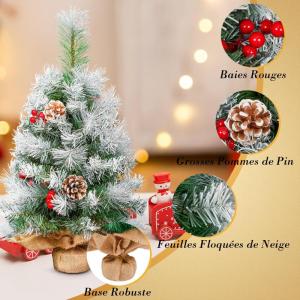 Kunstkerstboom, 60 cm, klein, met sneeuwvlokkendecoratie, dennenappels, rode bessen, dennenbladeren, 80 punten, linnen katoen en cementbasis voor feestelijke sfeer