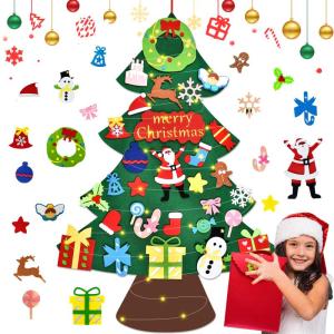 Vilten kerstboom voor kinderen, 3.3FT DIY muur opknoping kerstboom set, kinderen vilten kerstboom met 30 ornamenten en 5 m licht touw, ideaal voor thuis deur raam decoratie