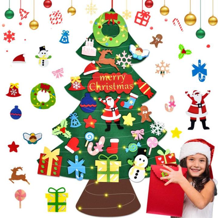 Vilten kerstboom voor kinderen, 3.3FT DIY muur opknoping kerstboom set, kinderen vilten kerstboom met 30 ornamenten en 5 m licht touw, ideaal voor thuis deur raam decoratie