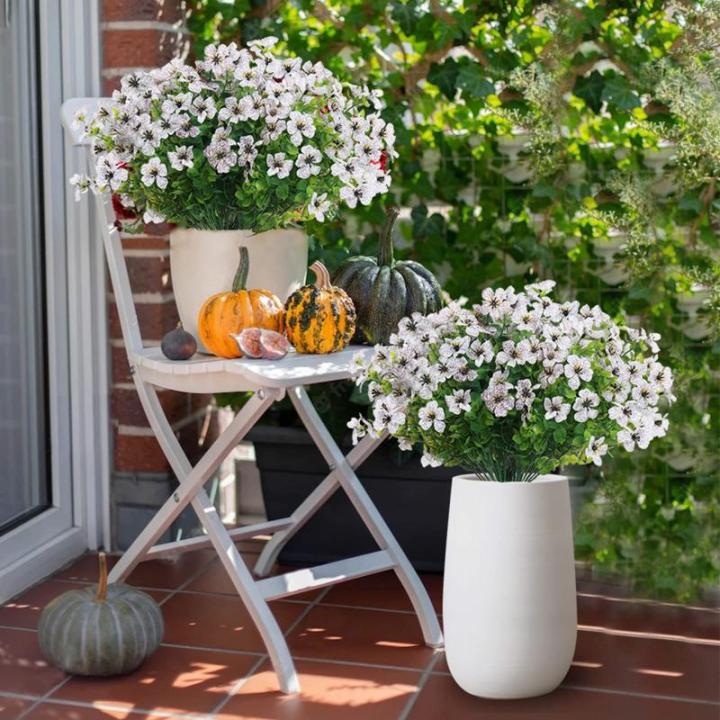 Kunstbloemen, 8 bundels voor buiten, uv-bestendig, namaakbloemen, vervaagt niet, groene kunstplant, tuin, veranda, raam, box, kantoor, struiken, decoreren (wit)