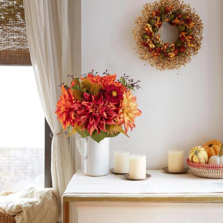 Kunstbloem kunstboeket kunstplant bloemstukken set van 2 hortensia rozenboeket hoogte 30 cm decoratieve plant voor arrangementen feestdag tafel of bruiloft (oranje rood, 1 stuks)