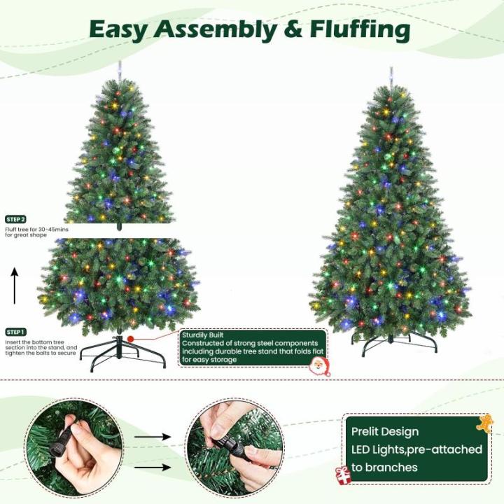Kunstkerstboom met verlichting, 120 cm, kunstkerstboom met 170 warmwitte en meerkleurige ledlampen, 8 lichtmodi, 414 PE- en pvc-takpunten, opvouwbare metalen standaard