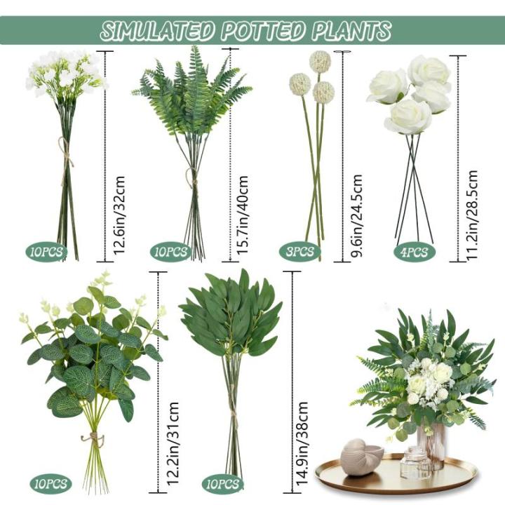 47 stuks en takken, witte , groen, eucalyptus, decoratieve takken, boeket, kunstboeket als echte rozen, eucalyptus voor doe-het-zelf , bruidsboeket,