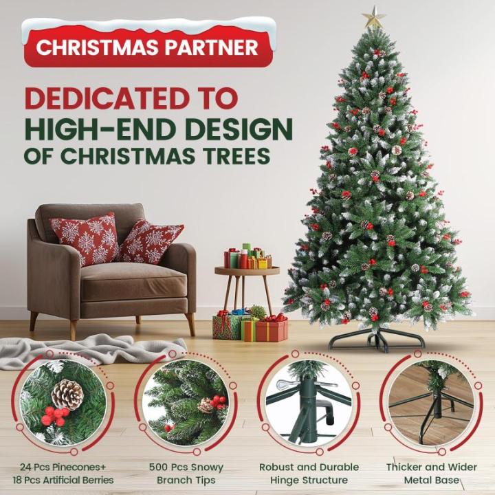 Nordmann-kerstboom met sneeuweffect, dennenappels en rode bessen, automatische dennenboom, kunstkerstboom met metalen standaard, Nordmann-spar, moeilijk ontvlambare kerstboom voor 