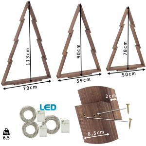 Houten kerstboom set XLL 3 stuks met LED-verlichting. Decoratie voor Kerstmis in de hoogtes 113cm, 90cm, 78cm. Kerstdecoraties Feestelijke bomen binnen en buiten wengé, donkerbrui
