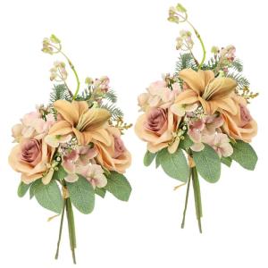 Kunstblumen-Strauß Rosen Lilien Hortensie 35cm 2er Set Blumensträuße Seidenblume Dekoblume Bouquet Hochzeit Blume Mittelstück Tischdeko unecht Grableger Grabschmuck Aufleger Gr