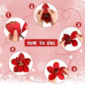 Künstliche Weihnachtssterne mit Glitzer, Samt, Magnolie, Blume, künstliche Weihnachtssterne, dekorative Blume für Weihnachtsbaumdekoration, 16 Stück (rot)