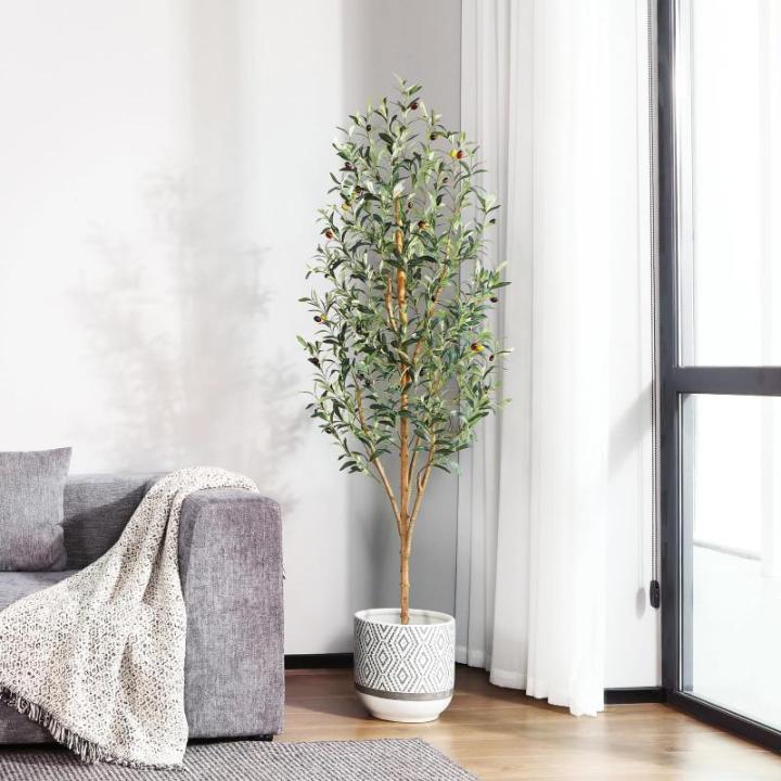 Kunstmatige olijfboom, 180 cm, grote kunstplant met natuurlijke houten stam en vruchten, kunstmatige olijfboom in pot, voor huis, slaapkamer, kantoor, tuin, decoratie (2 stuks)