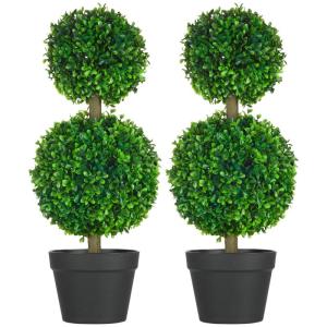 , set van 2 buxusboom, 60 cm kunstplant met dubbele bal, uv-bestendige kamerplant, kunstboom, plantendecoratie voor binnen en buiten, groen
