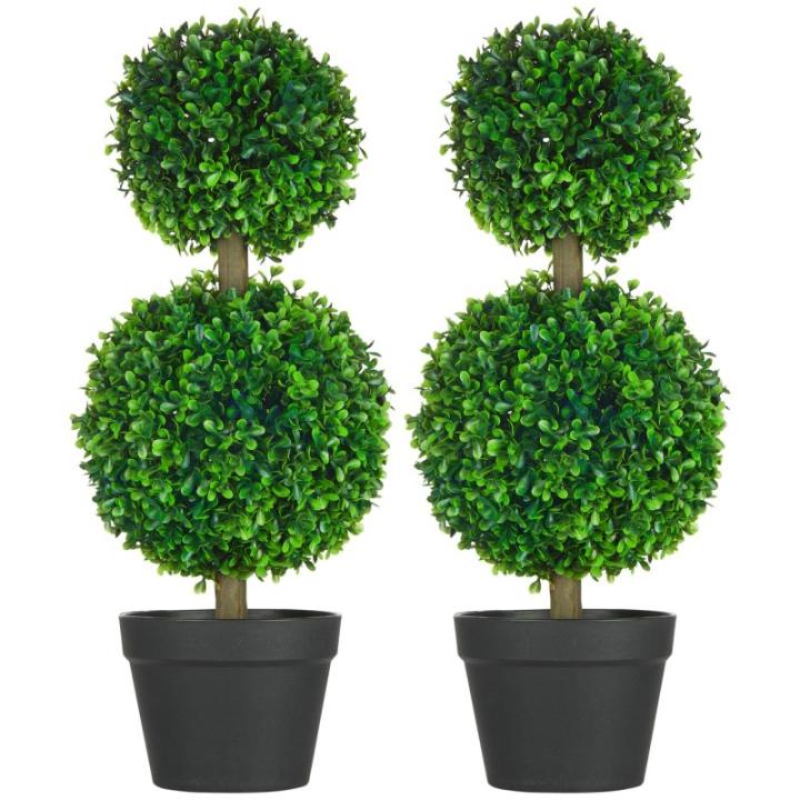 , set van 2 buxusboom, 60 cm kunstplant met dubbele bal, uv-bestendige kamerplant, kunstboom, plantendecoratie voor binnen en buiten, groen