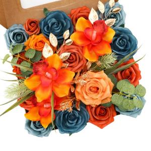 Künstliche Blumen Combo Orange Blumen Mix Seidenblumen Gefälschte Rosen mit Stielen für DIY Hochzeit Brautsträuße, Babyparty, Blumenarrangement, Tischdekoration, Heimdekoratio