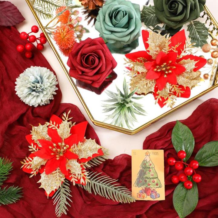 Künstliche Weihnachtsstern, rote Blumen, Seidenblumen, künstliche Rosen mit Stielen für Hochzeit, Brautsträuße, Tischdekoration, Heim-Weihnachtsdekorationen
