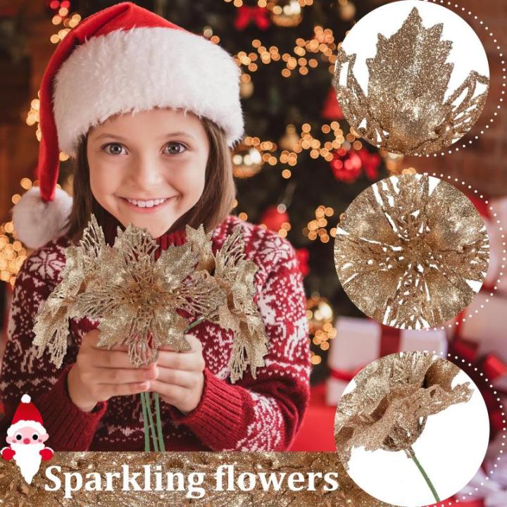 Kunstkerstbloemen, kerstboom bloemen met 15 clips, glitterbloemen, Kerstmis, kunstbloemen voor Kerstmis (champagne)