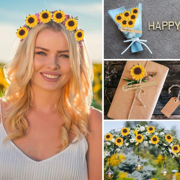 100 stuks kunstzonnebloemen, 3,5 cm, met 90 stickers, decoratieve bloemen, klein met metaaldraad, met steel, feest, bruiloft, doe-het-zelf, plakboek, kaarten, decoratie