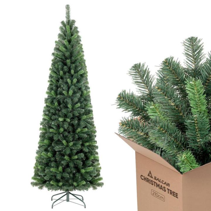 Kunstkerstboom Slim 210 cm, dennenboom met handschoenen en metalen standaard, potlood kerstboom met 818 pvc-punten, groen