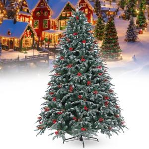 Künstlicher Weihnachtsbaum in voller Größe mit 415–3312 ​​Zweigspitzen, Weihnachts-Weihnachtsbaum mit Tannenzapfen und roten Früchten, stabiler Sockel, als Dekoration fü