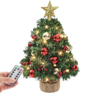 Mini Kerstboom met 20 Warmwitte leds 8 Lichtmodi, Dennenboom met Stervormige Pieken en Decoratieve Batterij, voor Kerstmis, Advent (40 cm met Afstandsbediening)