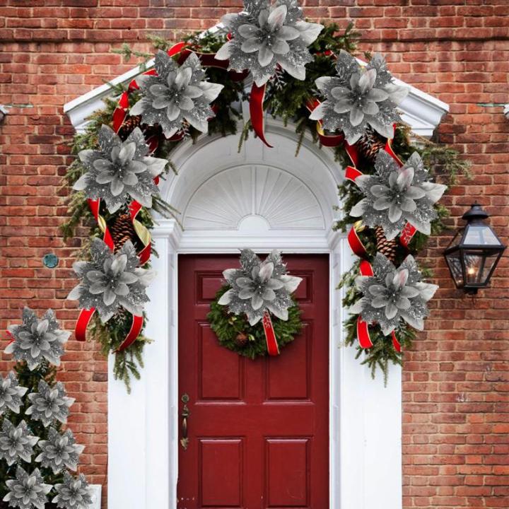 12 Stück Weihnachten Glitzer Weihnachtsstern Silber Künstliche Blumen Deko, Weihnachtsstern Künstliche Blumen mit Clips + Vorbauten, Weihnachtsblumen für Weihnachts Hochzeits G