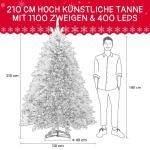 Niwa Kerstboom met verlichting, versierde flock-look, 2-in-1 kunstkerstboom met lichtketting, 400 warm wit licht en 1100 PE + pvc-takken, opvouwbare dennenboom (H210 cm)