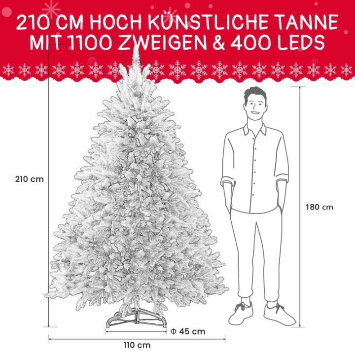 Niwa Kerstboom met verlichting, versierde flock-look, 2-in-1 kunstkerstboom met lichtketting, 400 warm wit licht en 1100 PE + pvc-takken, opvouwbare dennenboom (H210 cm)