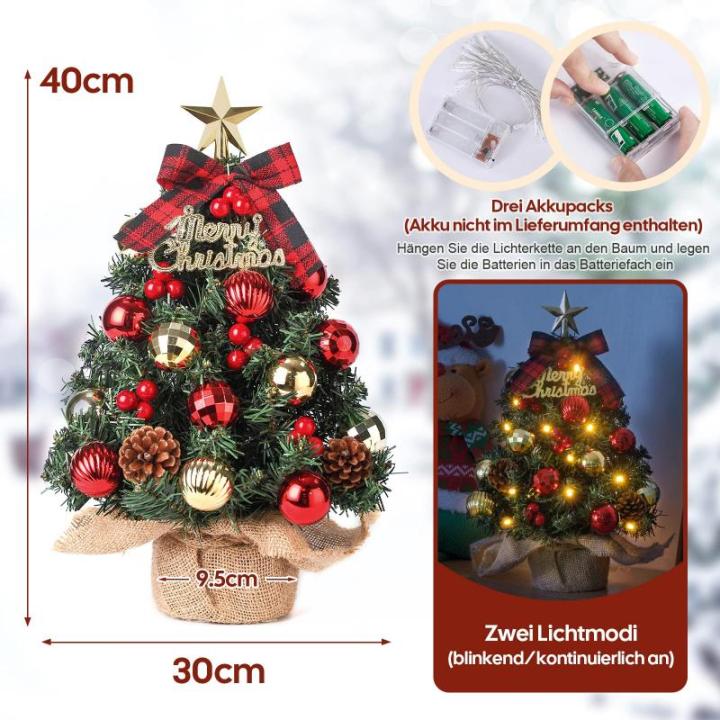 Mini-kerstboom Kleine kerstboom met verlichting, led, tafelkerstboom, klein, kunstmatig versierd voor kerstdecoratie, 40 cm (rood met goud)
