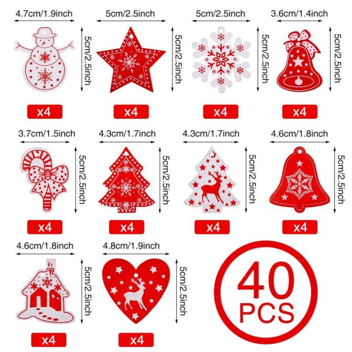 40 stuks kerstdecoraties, dennenboom, , kerstboomversieringen, 10 stijl, met touw, creatieve versiering voor Kerstmis, doe-het-zelf, feest, rood en wit
