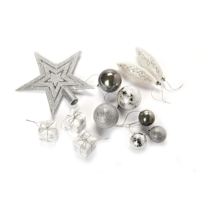 Kerstboomversiering - zilver - 60-delig - set incl. boompunt, ballen, parelketting, slinger en sterren - kunststof