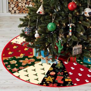 Kerstboomdeken, 120 cm, groen, rood, kerstboomrok, ronde kerstboomdeken, polyester kerstboomdeken, graffiti, dennenboomdeken, retro kerstboomdeken voor wintervakantie, Kerstmis, fe