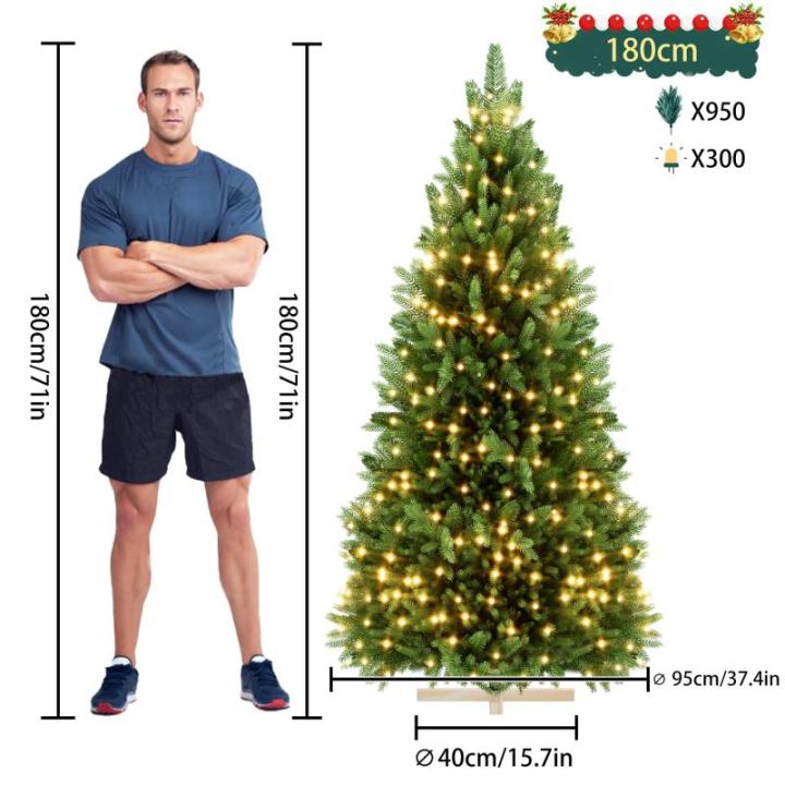 Kunstkerstboom, kunstkerstboom met verlichting, 180 cm, natuurgetrouw, met houten sokkel, kerstdecoratie