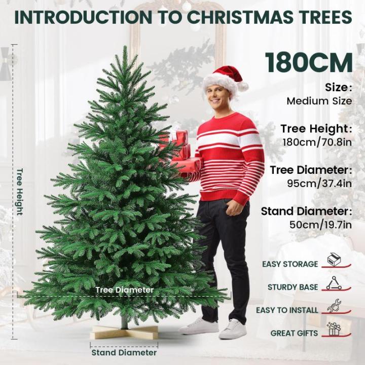 Nordmann Kunstkerstboom, pvc en PE, 180 cm, kunstdennenboom met houten standaard, moeilijk ontvlambare automatische kerstboom, natuurgetrouwe kunstkerstboom
