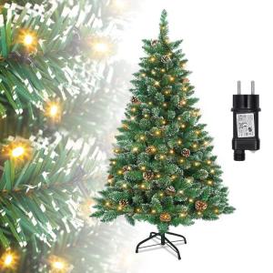Kunstkerstboom met verlichting, dennenboom, groen, pvc, met sneeuweffect, met dennenappels, kerstdecoratie met metalen standaard, 120 cm