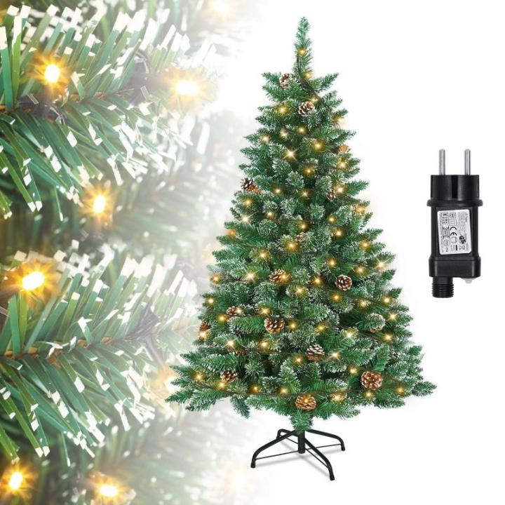 Kunstkerstboom met verlichting, dennenboom, groen, pvc, met sneeuweffect, met dennenappels, kerstdecoratie met metalen standaard, 120 cm