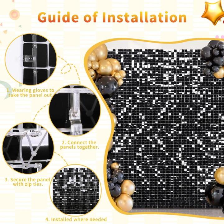 Schwarzer schimmernder Wandhintergrund mit Pailletten, 24 Paneele, glitzernder Hintergrund, 3D-Wand für Party, Geburtstag, Halloween, Verlobung, Dekorationen