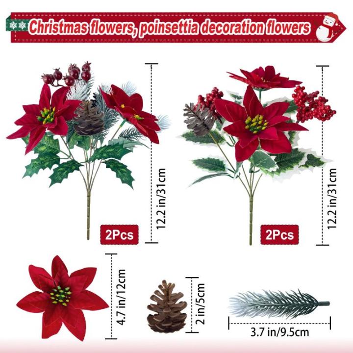 4 stuks kunstkerstster, dennentakken, kunstbloemen met kerstbloemen, rood, kunstdennentakken, kunstbloemen, kerstboeket, kunstkerststerren