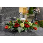 Grabaufleger aus künstlichen Textil Seidenblumen Rosen länglich 80cm groß XXL Friedhofsgesteck für Totensonntag Beerdigung wie Echt (Rot)