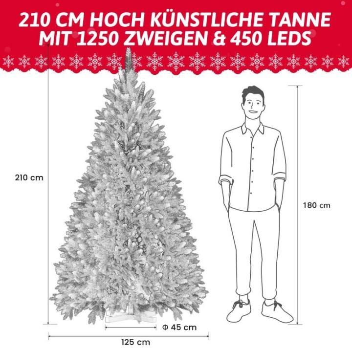 Wija Kerstboom met verlichting, kunstkerstboom met lichtketting, 450 warm wit, ledlicht, kunstsneeuwcoating, 1250 takken en houten standaard, van PE-spuitgietwerk en pvc (H210)