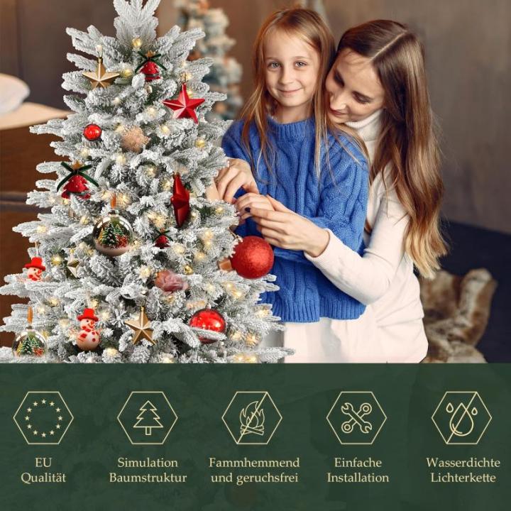 Witte kunstkerstboom met verlichting, 180 cm, sneeuwdennenboom, kunstkerstboom met 330 leds, handschoenen, houten standaard