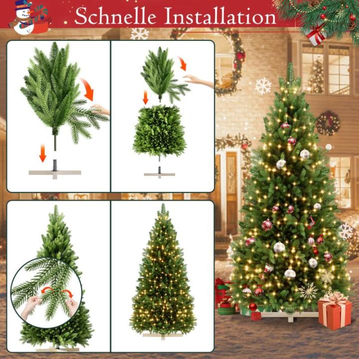 Kunstkerstboom, kunstkerstboom met verlichting, 180 cm, natuurgetrouw, met houten sokkel, kerstdecoratie