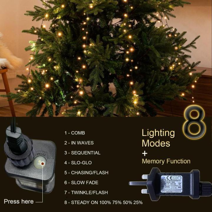 Led-clusterlichtsnoer, werkt op stroom, decoratie voor binnen en buiten, tuin, kerstboom, bruiloft (warmwitte timer met ring, 200 leds, 8 strengen)